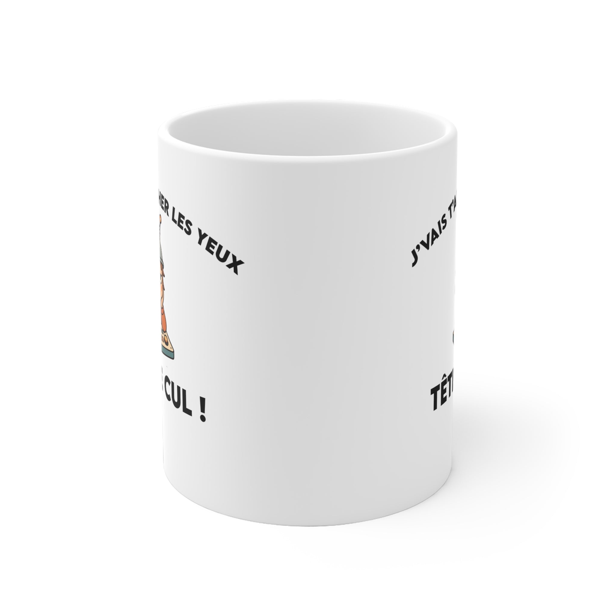Mug humour noir « J’vais t’arracher les yeux, tête de cul ! » – mug drôle Gen Z, cadeau pote / collègue – illustration IA
