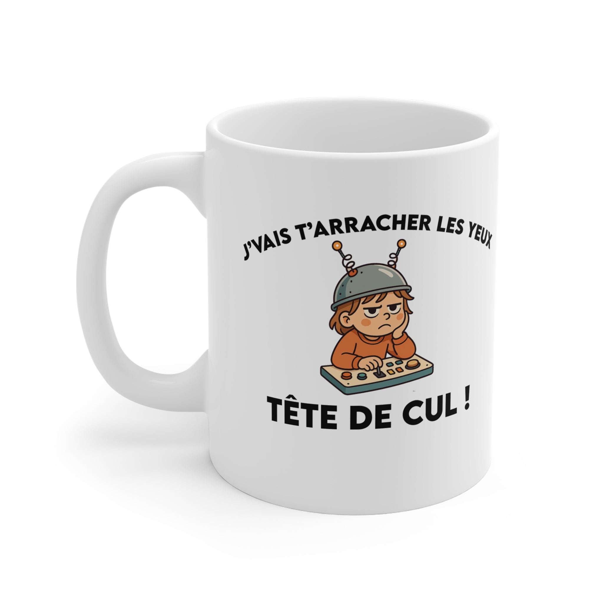Mug humour noir « J’vais t’arracher les yeux, tête de cul ! » – mug drôle Gen Z, cadeau pote / collègue – illustration IA