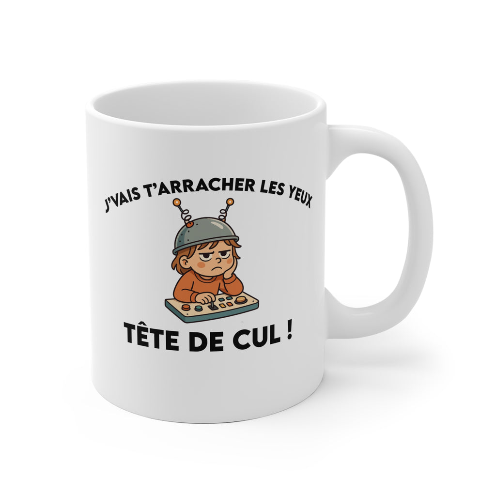 Mug humour noir « J’vais t’arracher les yeux, tête de cul ! » – mug drôle Gen Z, cadeau pote / collègue – illustration IA